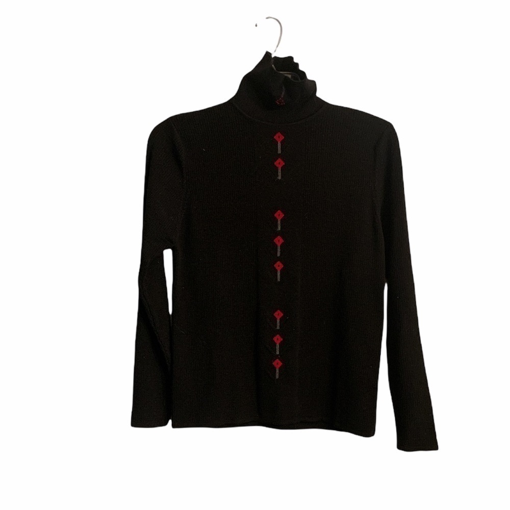 Vintage 100% Wool Black Turtleneck Embroidered Diamonds Size Medium